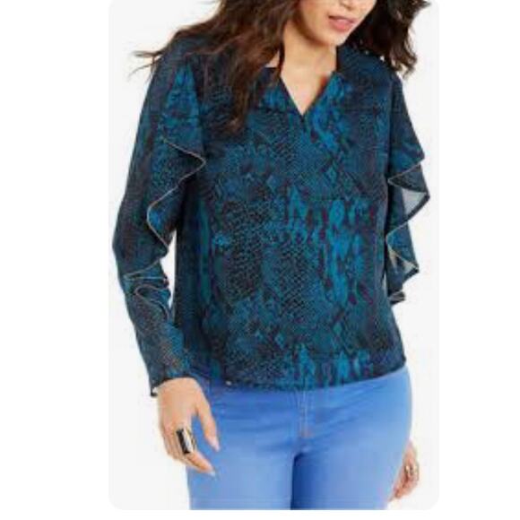 N) Thalia Sodi Sheer Ruffles Snake Print Blouse Top Teal Blue Black size Small - Picture 1 of 10